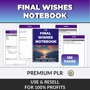 Puede incluir: Un cuaderno azul con espiral titulado "My Final Wishes Notebook" con una imagen de paisaje en la portada. El cuaderno está rodeado de páginas con títulos como "Funeral" y "Activos". El texto "Everything You Need to Know When I'm Gone" también es visible.