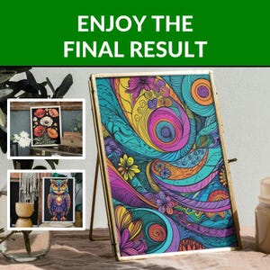 May include: A framed artwork with a colorful, abstract design in shades of blue, purple, yellow, and pink. The frame is gold-colored and stands on a table. The text "ENJOY THE FINAL RESULT" is at the top of the image.