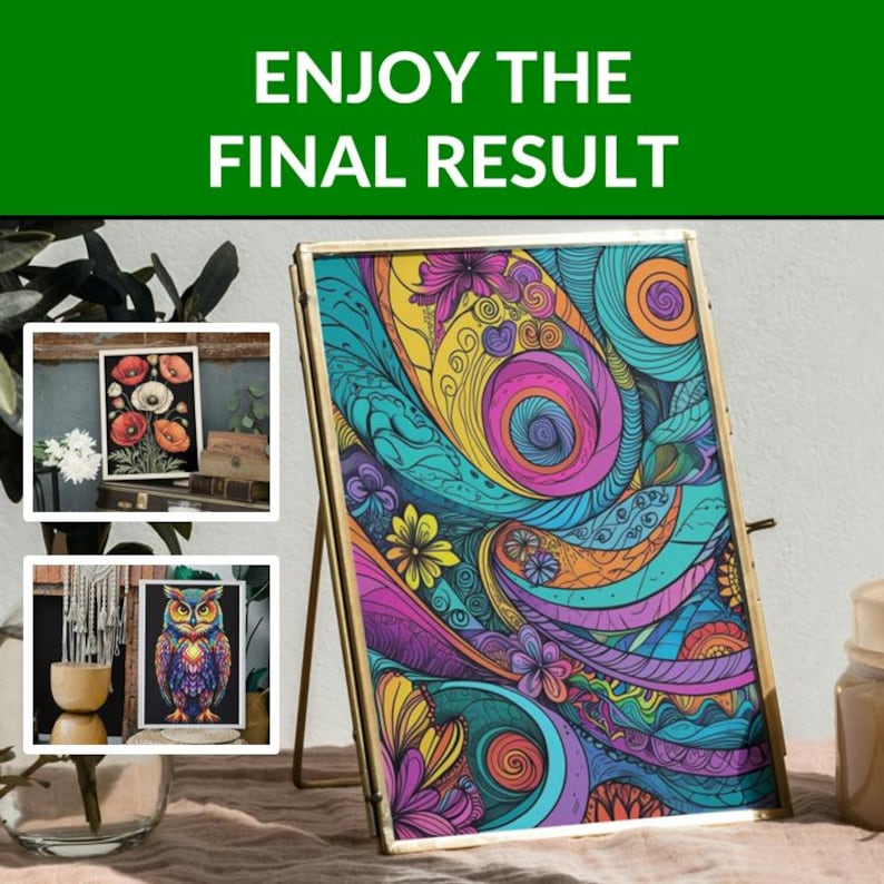 May include: A framed artwork with a colorful, abstract design in shades of blue, purple, yellow, and pink. The frame is gold-colored and stands on a table. The text "ENJOY THE FINAL RESULT" is at the top of the image.