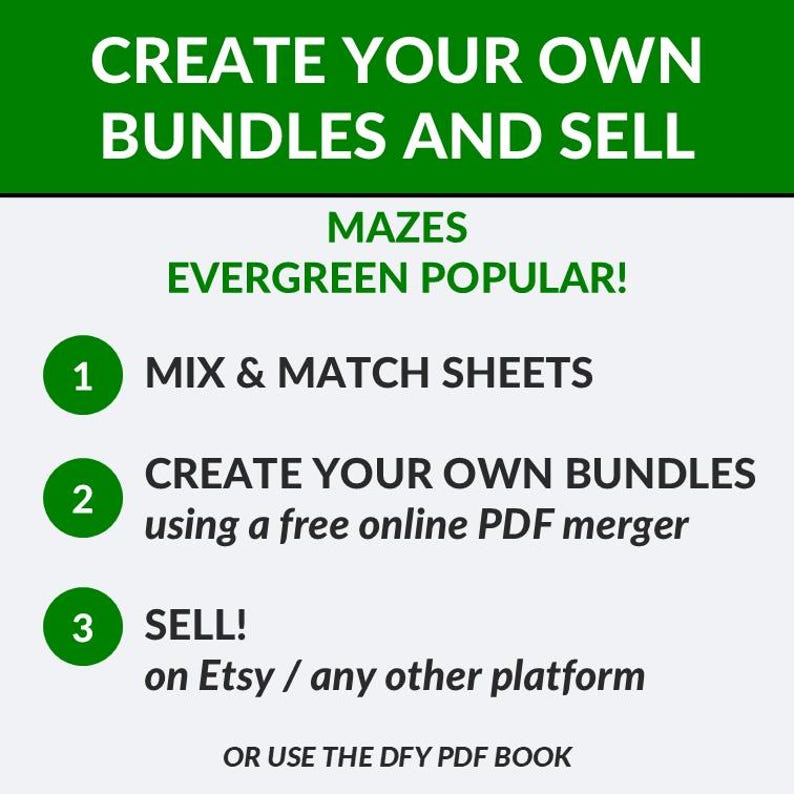 May include: A graphic with the text "CREATE YOUR OWN BUNDLES AND SELL." It also says "MAZES EVERGREEN POPULAR!" and lists steps: "MIX & MATCH SHEETS," "CREATE YOUR OWN BUNDLES using a free online PDF merger," and "SELL! on Etsy / any other platform."
