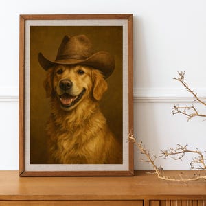 Cowboy Golden Retriever – Funny Dog Wall Art, Western Rustic Digital Download, Farmhouse Pet Portrait Print