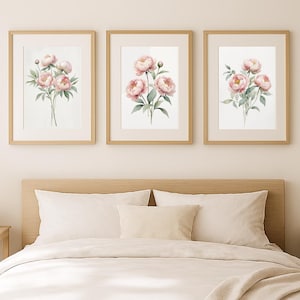 Pink Peony Wall Art Set of 3 – Watercolor Floral Prints, Botanical Digital Download, Peony Flower Wall Decor, Printable Wall Art