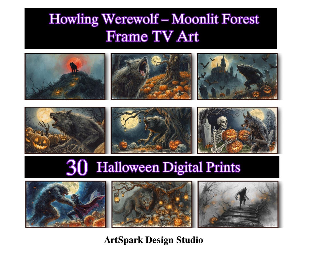 Howling Werewolf Halloween Frame TV Art – 30 Digital Prints, Moonlit ...