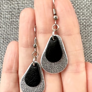 Silver & Black Leather Raindrop Earrings