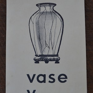 Tarjeta didáctica con imágenes grandes para álbumes de recortes, efímeras educativas vintage de los años 50: jarrón