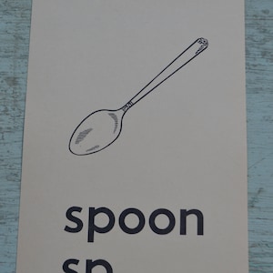 Vintage Ephemera Kitchen Learning Phonics Flashcard Flash Card 1950s - Colher