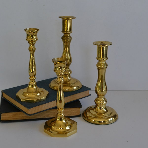 Vintage Shiny Brass Tapered Candle Candlestick Holders Lot of 4