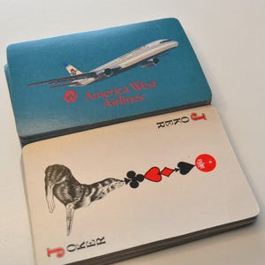 Lotto di 25 carte da gioco vintage, effimere, con aereo blu della America West Airlines