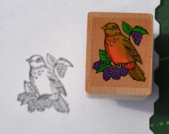 Sello de goma montado en madera con forma de pájaro vintage