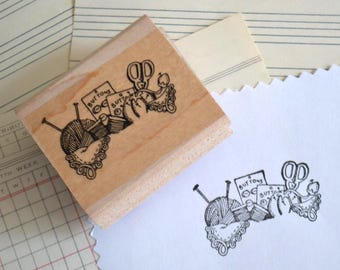 Sewing Knitting Wood Mounted Rubber Stamp