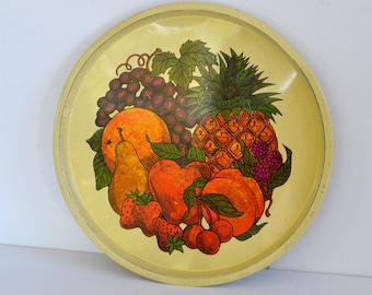 Vintage Midcentury Kitchen Round Colorful Fruit Food Serving Bar Tray