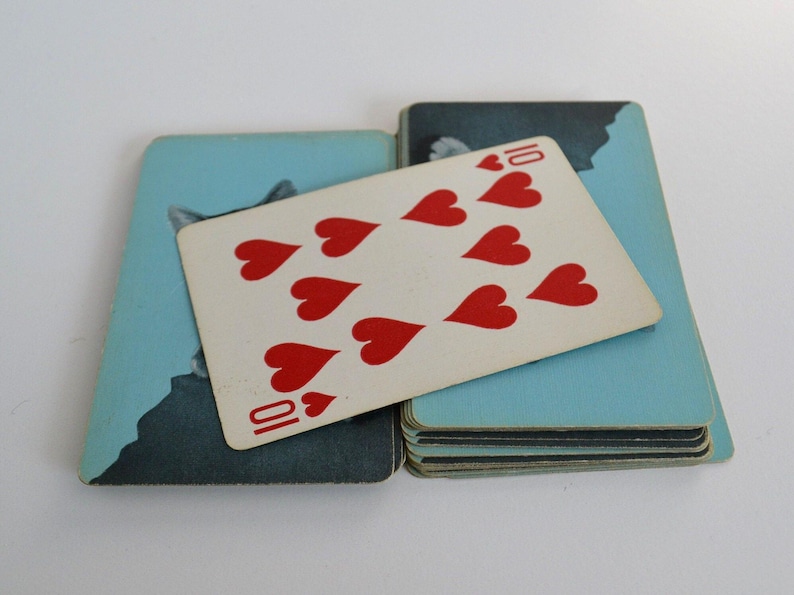 May include: A playing card with a ten of hearts design. The card is lying on top of a stack of cards with a blue background and a picture of a cat.
