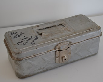 Vintage Silver Painted Metal Tool Original Storage Container Craft Tackle Box Toolbox Tool Box