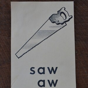Tarjeta didáctica con imágenes grandes para álbumes de recortes, material didáctico vintage de los años 50 - Saw