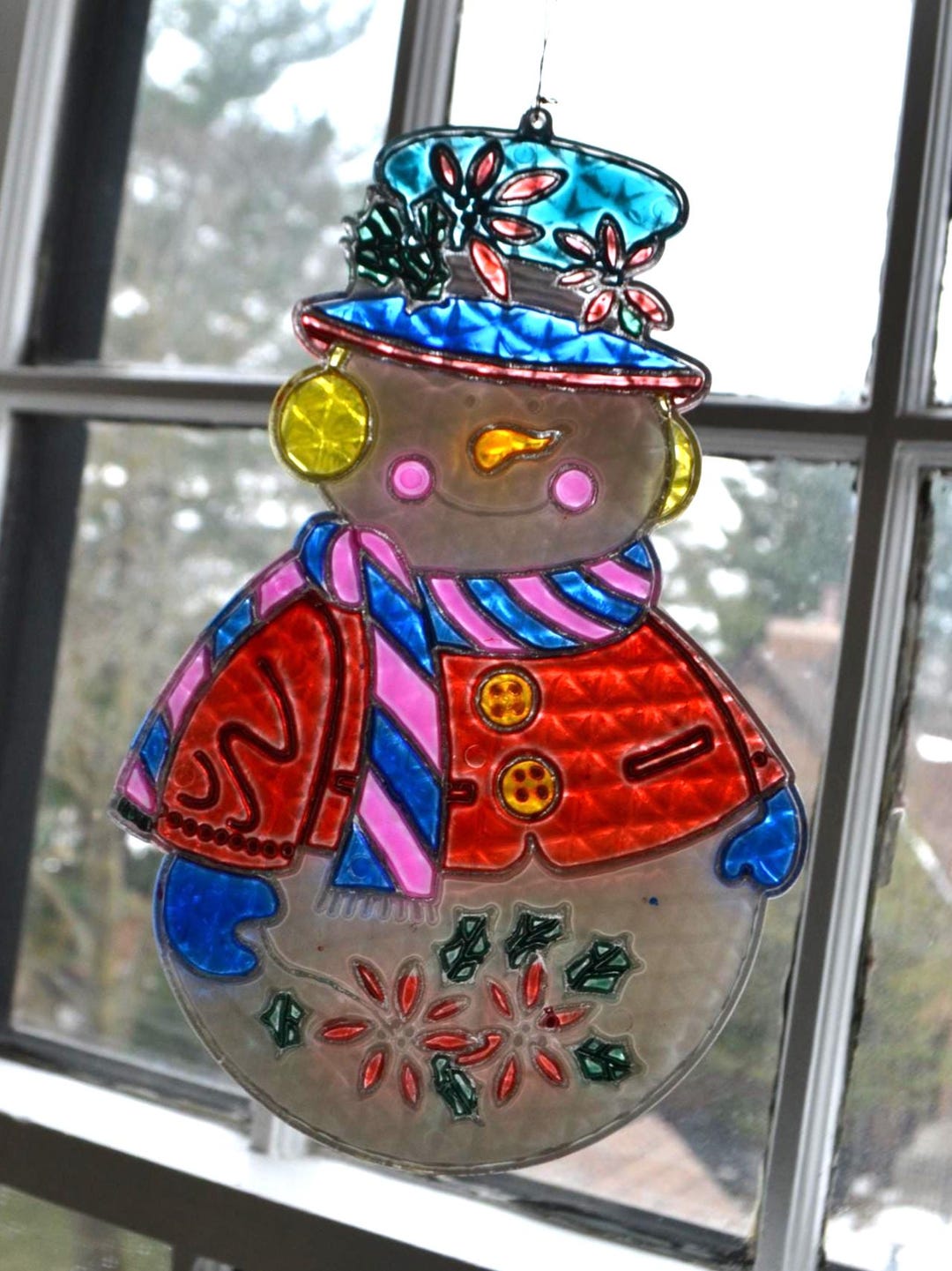 Vintage Plastic Stained Glass Snowman Christmas Tree Holiday Ornament ...