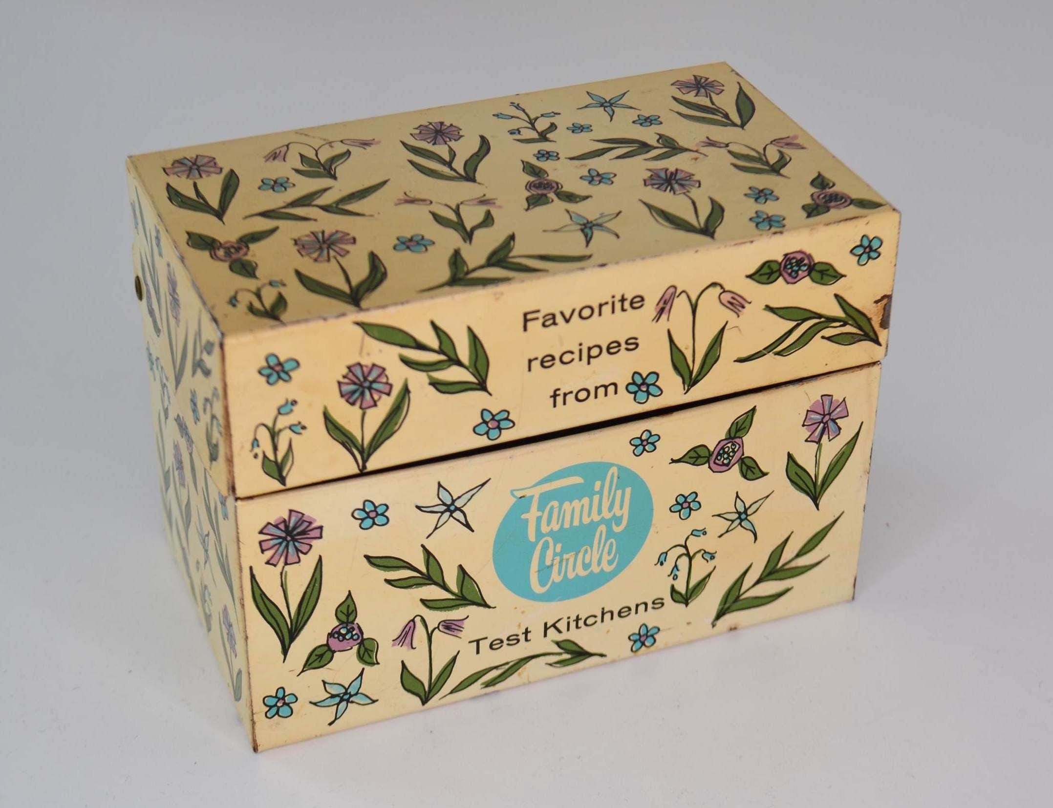 Vintage Family Circle Test Kitchen Floral Metal Kitchen Recipes Index Cards Box Container