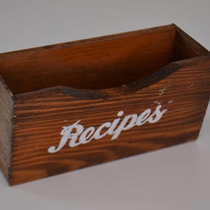 Caja contenedora de tarjetas con índice de recetas de cocina de madera vintage