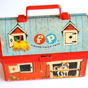 Vintage Fisher Price Barn Farm Childrens Kids Small Lunch Pail Lunch Box Lunchbox Container