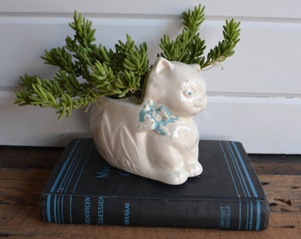Vintage White Cat Kitty Animal Ceramic Plant Planter