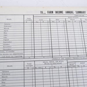 Hojas de papel contables de gastos de ganadería y agricultura vintage de los años 90, juego de 8 efímeras