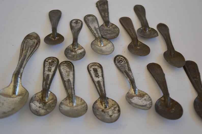Vintage Antique Worn Silver Aluminum Tin Tasting Ice Cream Spoons Assorted Lot of 14