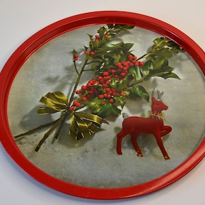Vintage Midcentury Red Christmas Round Serving Bar Tray