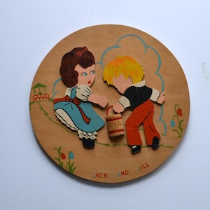 Vintage Kids Nursery Rhyme Jack and Jill Circle Wood Decor Wall Hanging
