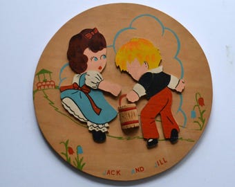 Décoration murale en bois vintage pour chambre d'enfants, Jack et Jill, cercle en bois à accrocher