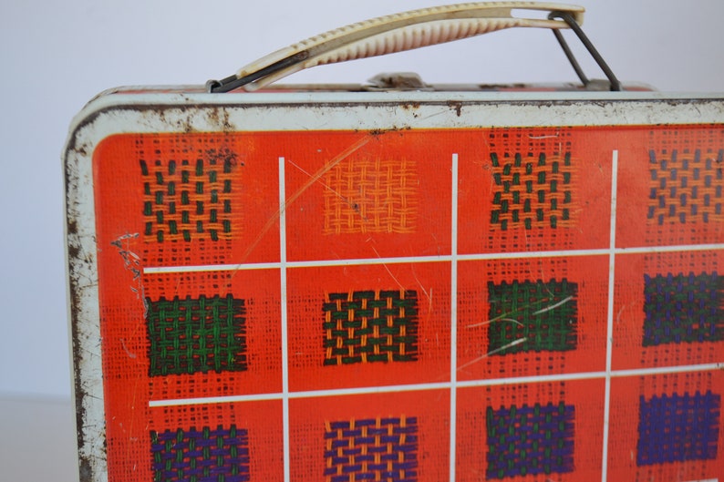 Vintage Colorful Patchwork Design Metal School Work Craft Lunch Box Pail