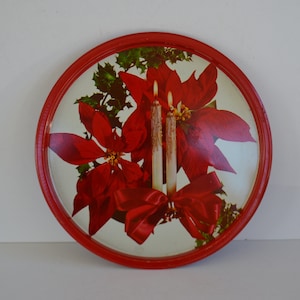 Vintage Midcentury Red White Candles Christmas Poinsettia Floral Round Serving Bar Tray