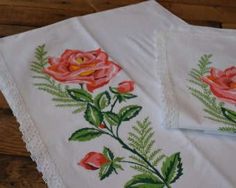 Vintage Shabby Chic Handpainted Paint By Number Pink Floral Roses Set Pair Pillowcases - 2