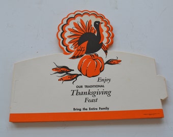 Vintage Enjoy Thanksgiving Feast Restaurant Paper Placecard Card Advertising Ephemera - Set of 2