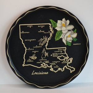 Vintage Midcentury Travel State Louisiana Okrągła Czarna Taca Barowa