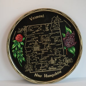 Vintage Midcentury Travel State Vermont New Hampshire Okrągła Czarna Taca Barowa