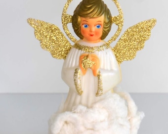 Vintage Plastic White Gold Glittery Angel Holiday Christmas Tree