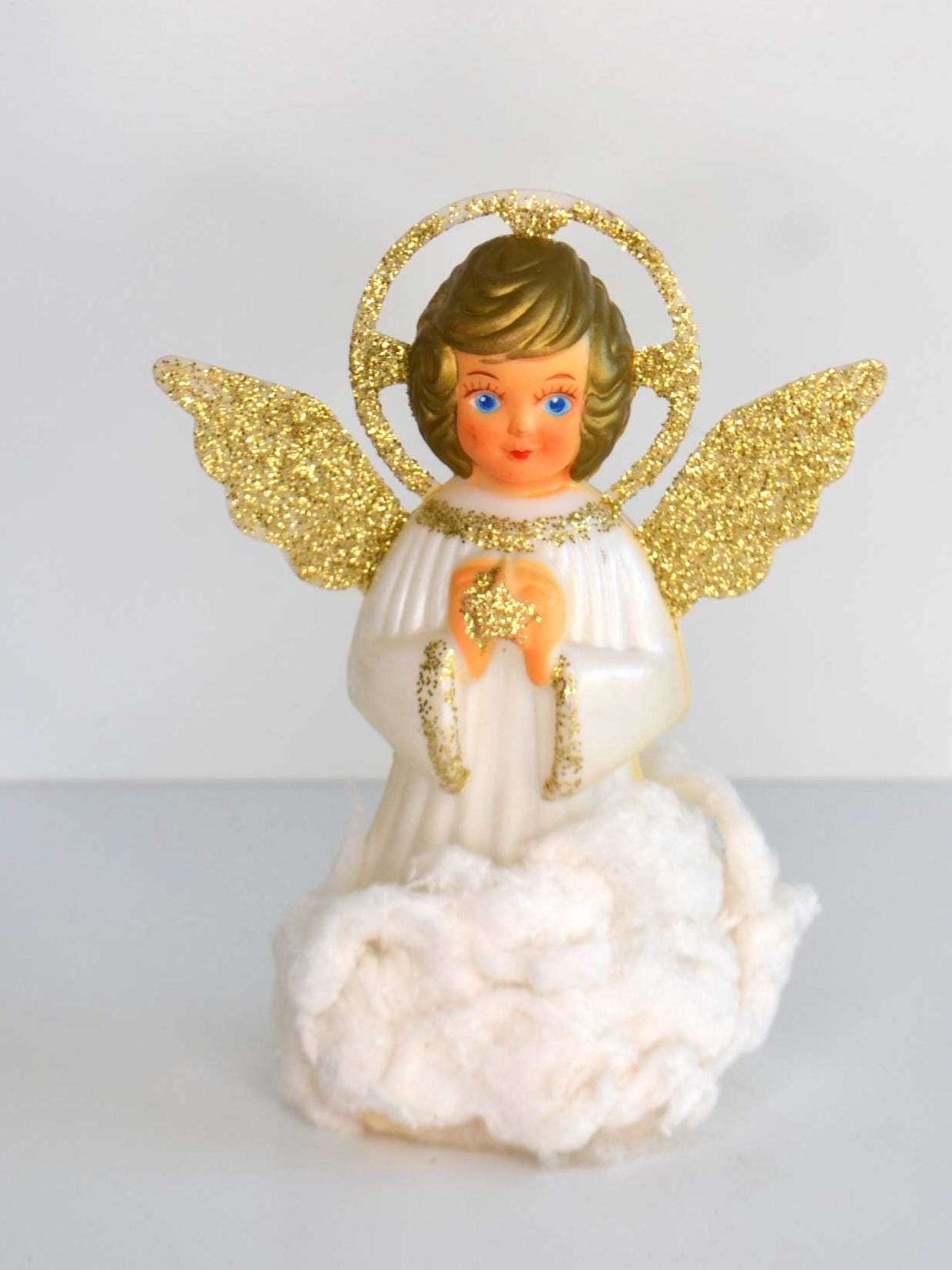 Vintage Plastic White Gold Glittery Angel Holiday Christmas Tree