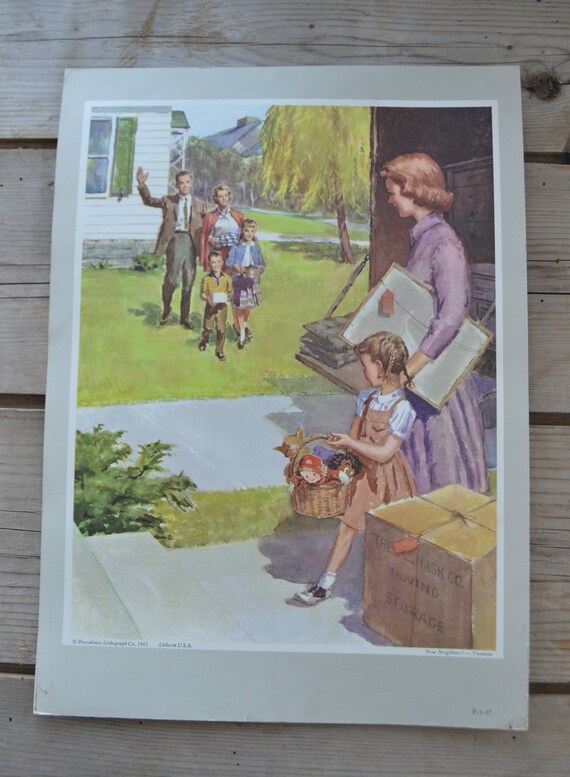 Vintage Providence Lithograph Sunday School Family New Neighbors Moving Print Art