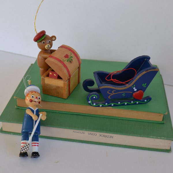 Vintage Wood Christmas Tree Ornaments Blue Sled Toy Chest Sports Player Lot of 3