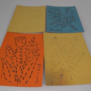 Plantillas de flores de cartón con forma de lápiz vintage, lote de 4