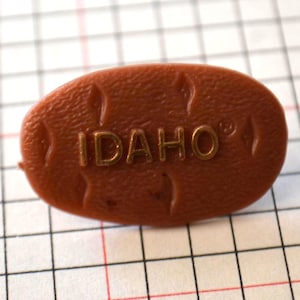 May include: A brown plastic oval pin with the word "IDAHO" in gold letters.