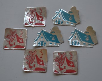 Vintage Silver Metallic Paper Ephemera Houses Homes Gift Tags Labels Cards Assorted Lot of 7