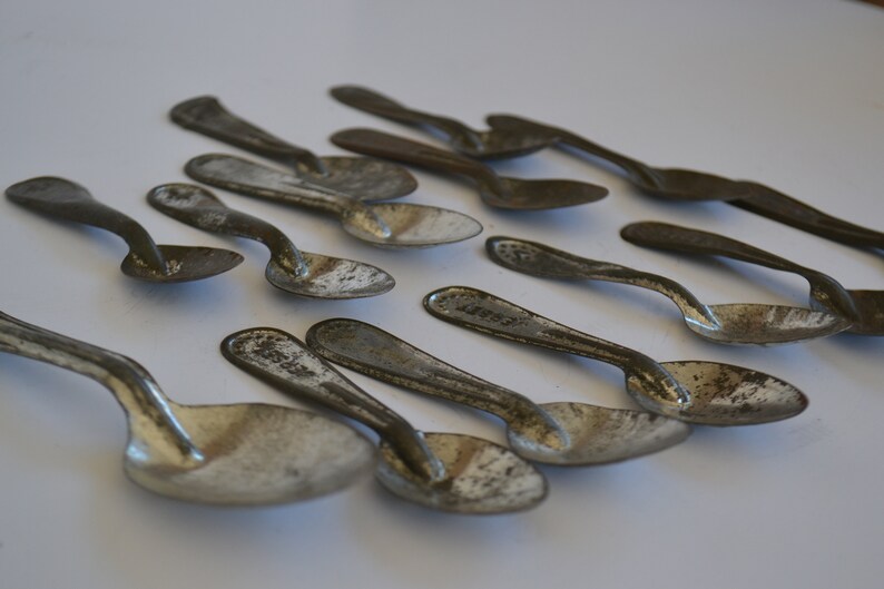 Vintage Antique Worn Silver Aluminum Tin Tasting Ice Cream Spoons Assorted Lot of 14