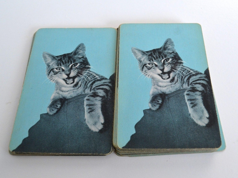 May include: Two vintage playing cards featuring a black and white tabby cat with a blue background. The cat is looking at the viewer with its mouth open, as if it is about to meow.