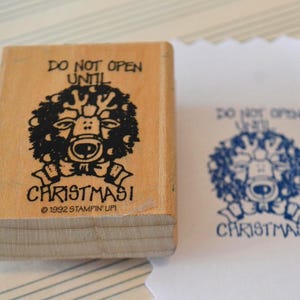 Vintage 1992 Stampin Up Holiday Christmas gaan pas open tot kerstmis Op hout gemonteerde rubberstempel