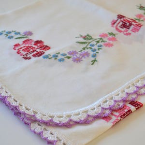 Vintage Embroidered White Purple Pink Floral Table Runner