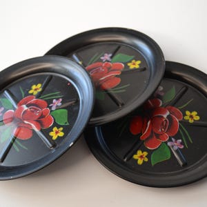 Vintage Retro Midcentury Kitschy Bar Drinkware Metal Black Floral Coasters Set of 3
