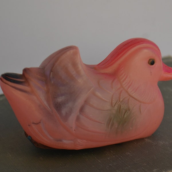 Vintage Pink Plastic Childrens Wind Up Rolling Toy Duck