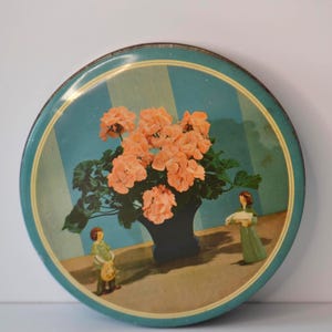 Vintage Pink Geraniums Floral Round Metal Food Storage Tin Container Box