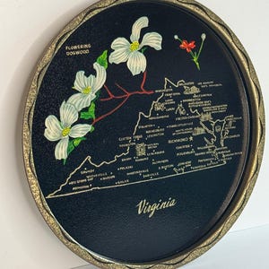 Vintage Midcentury Travel State Virginia Okrągła Czarna Taca Barowa