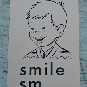 Vintage kortstondige jaren 1950 Flash Card Flashcard Paper Large Picture - Boy Smile Smiling